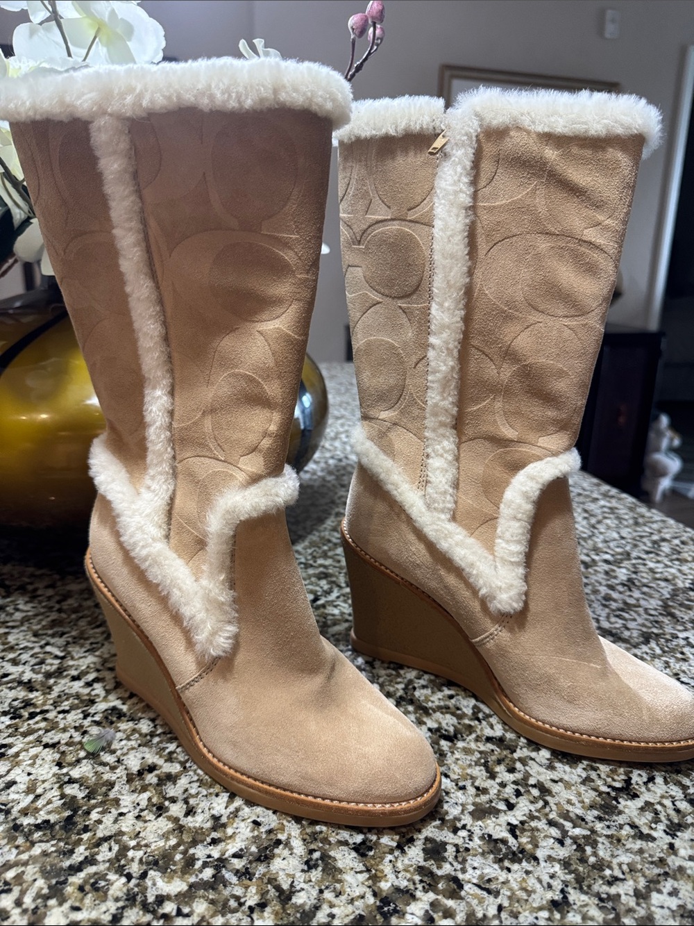 Coach Beige Suede Wedge Boots with Cream Shearling Trim